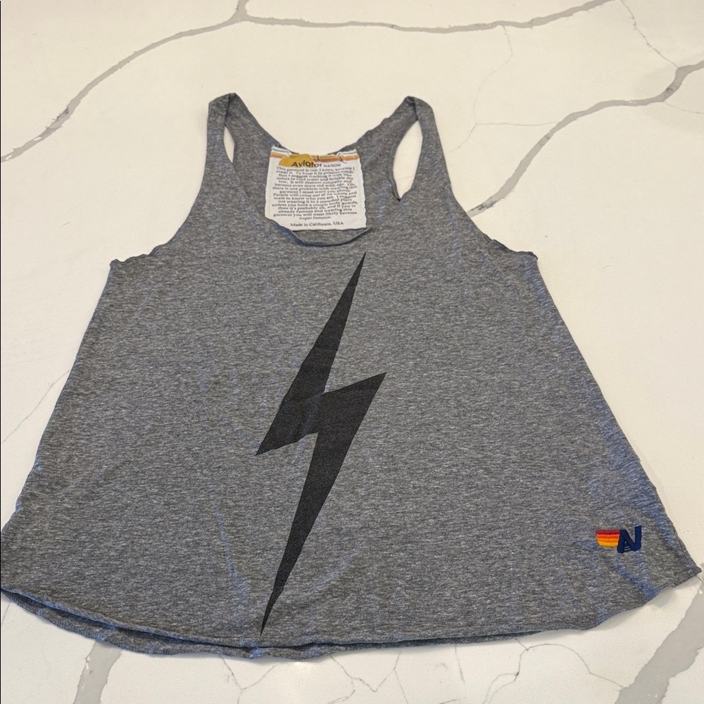 Aviator Nation Gray Tank Top with Black Lightning Bolt